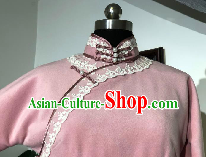 Chinese Traditional Pink Woolen Qipao Dress National Tang Suit Cheongsam Costumes for Women