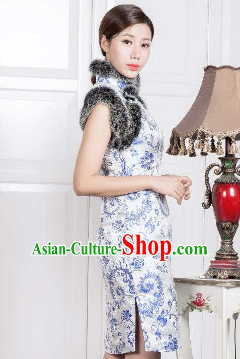 Chinese Traditional Printing White Silk Sleeveless Qipao Dress National Tang Suit Cheongsam Costumes for Women
