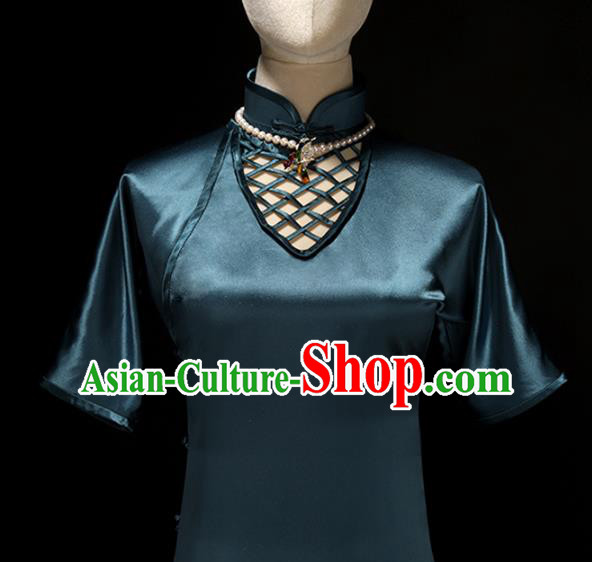 Chinese Traditional Peacock Blue Silk Qipao Dress National Tang Suit Cheongsam Costumes for Women