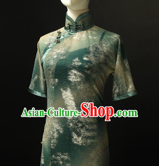Chinese Traditional Green Fiber Qipao Dress National Tang Suit Cheongsam Costumes for Women