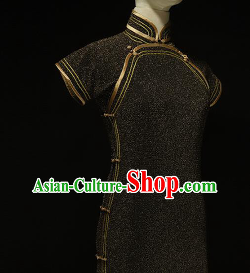 Chinese Traditional Black Knitting Qipao Dress National Tang Suit Cheongsam Costumes for Women