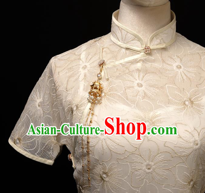 Chinese Traditional White Plated Buttons Qipao Dress National Tang Suit Cheongsam Costumes for Women