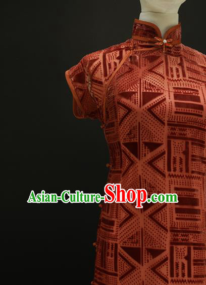 Chinese Traditional Rust Red Velvet Qipao Dress National Tang Suit Cheongsam Costumes for Women