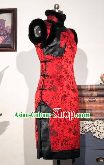 Chinese Traditional Tang Suit Red Brocade Long Vest National Waistcoat Upper Outer Garment Costumes for Women