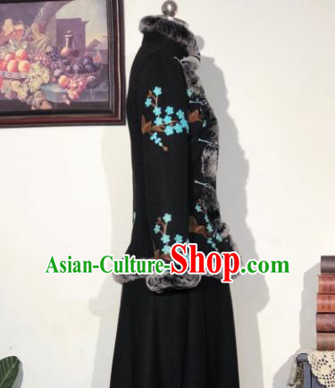 Chinese Traditional Winter Black Woolen Coat National Tang Suit Overcoat Costumes for Women