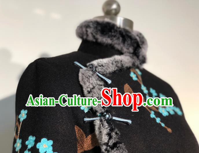 Chinese Traditional Winter Black Woolen Coat National Tang Suit Overcoat Costumes for Women