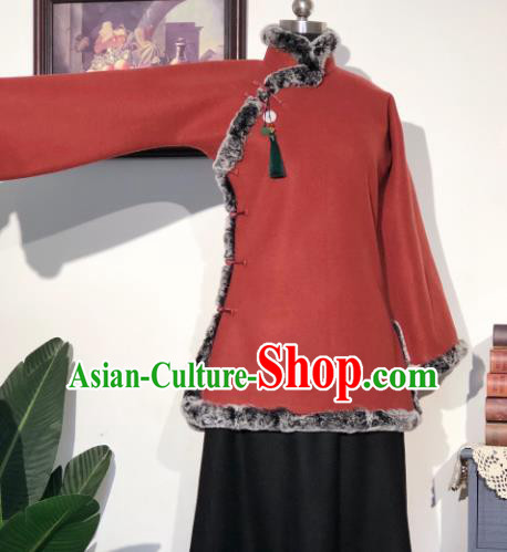 Chinese Traditional Winter Purplish Red Coat National Tang Suit Overcoat Costumes for Women