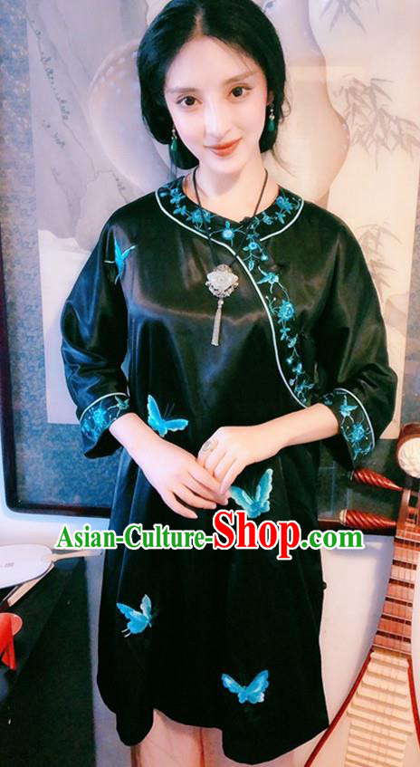 Chinese Traditional Embroidered Butterfly Black Qipao Dress National Tang Suit Cheongsam Costumes for Women