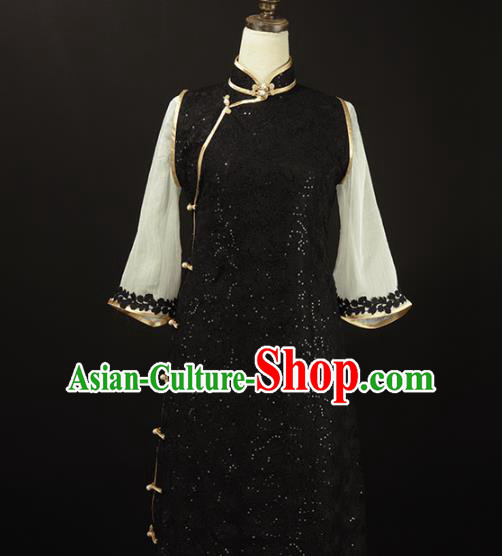 Chinese Traditional Black Lace Qipao Dress National Tang Suit Cheongsam Costumes for Women