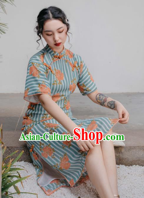 Chinese Traditional Retro Printing Green Qipao Dress National Tang Suit Cheongsam Costumes for Women
