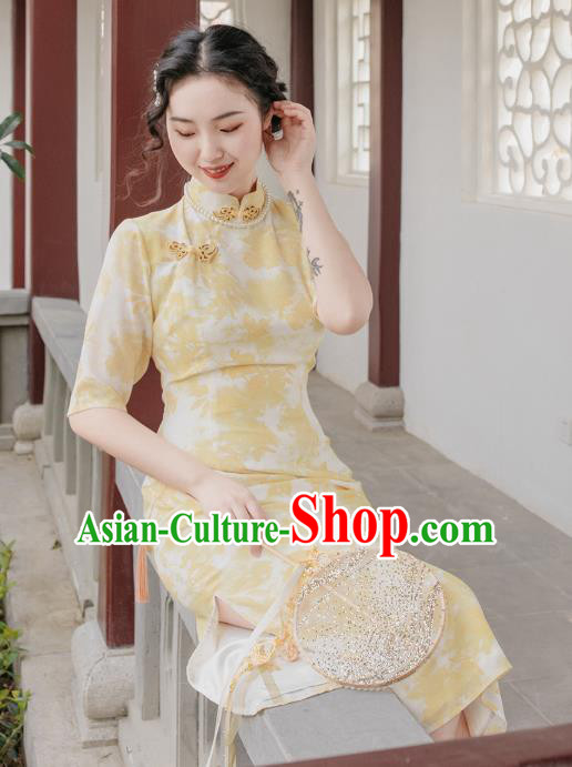 Chinese Traditional Retro Printing Yellow Qipao Dress National Tang Suit Cheongsam Costumes for Women