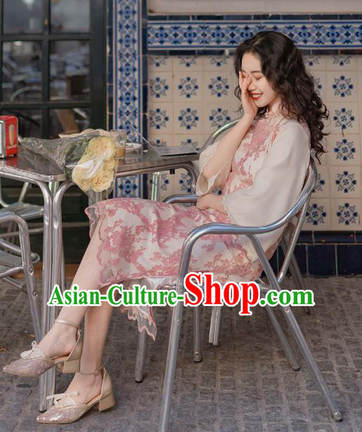 Chinese Traditional Retro Pink Embroidered Qipao Dress National Tang Suit Cheongsam Costumes for Women