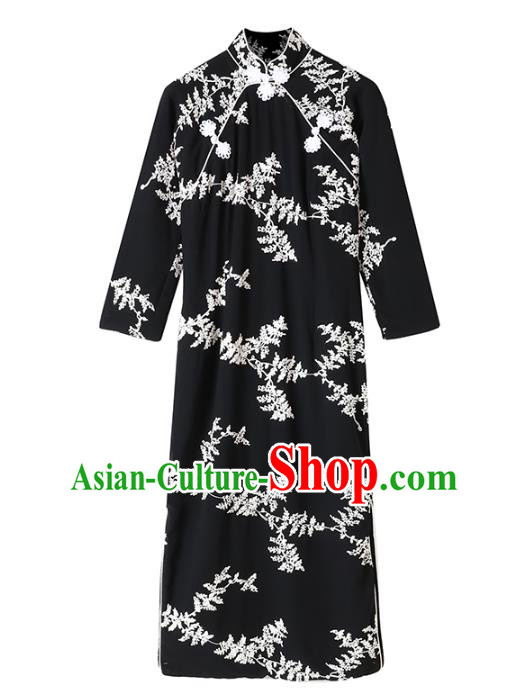 Chinese Traditional Retro Embroidered Black Qipao Dress National Tang Suit Cheongsam Costumes for Women