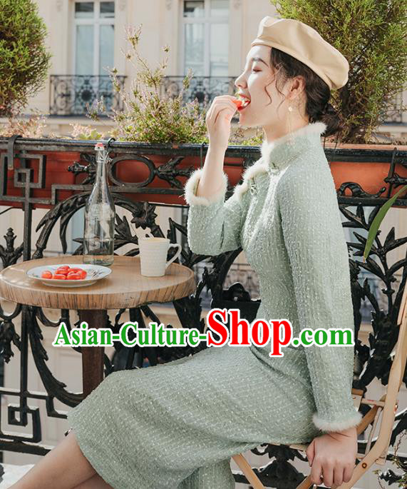 Chinese Traditional Winter Retro Light Green Qipao Dress National Tang Suit Cheongsam Costumes for Women