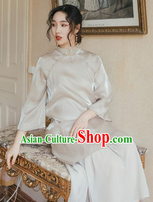 Chinese Traditional Retro Light Grey Qipao Dress National Tang Suit Cheongsam Costumes for Women