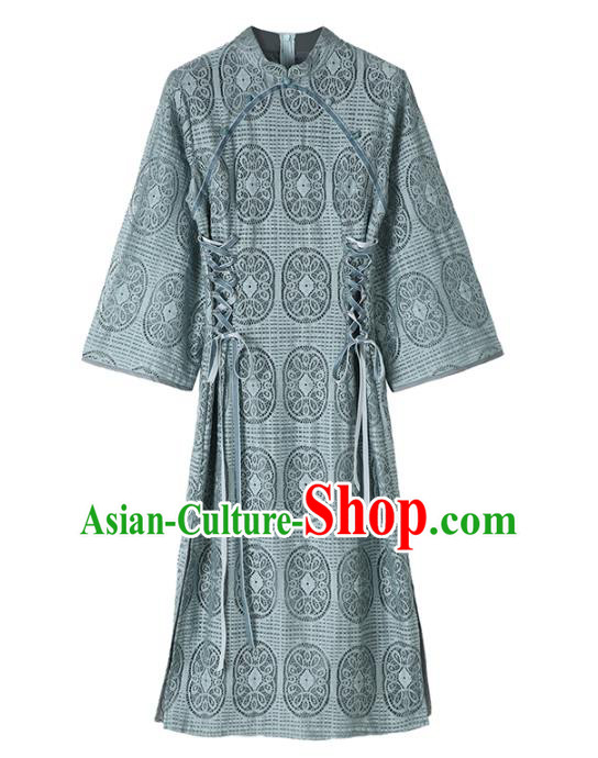 Chinese Traditional Retro Blue Lace Qipao Dress National Tang Suit Cheongsam Costumes for Women