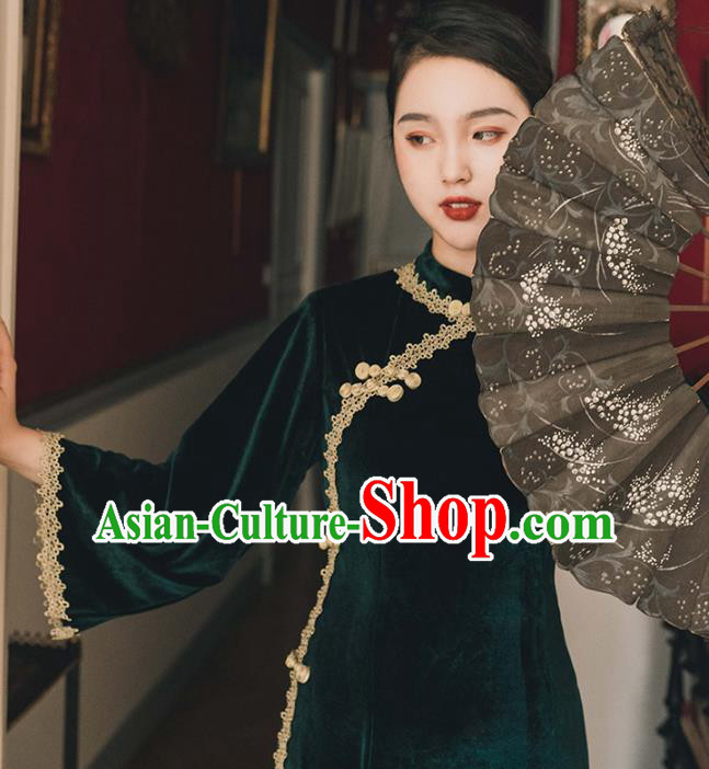 Chinese Traditional Retro Deep Green Velvet Qipao Dress National Tang Suit Cheongsam Costumes for Women