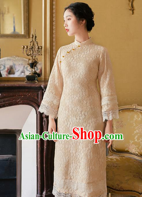 Chinese Traditional Retro Beige Lace Qipao Dress National Tang Suit Cheongsam Costumes for Women