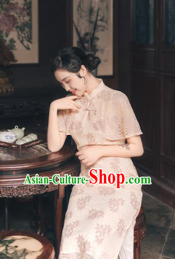 Chinese Traditional Retro Beige Qipao Dress National Tang Suit Cheongsam Costumes for Women