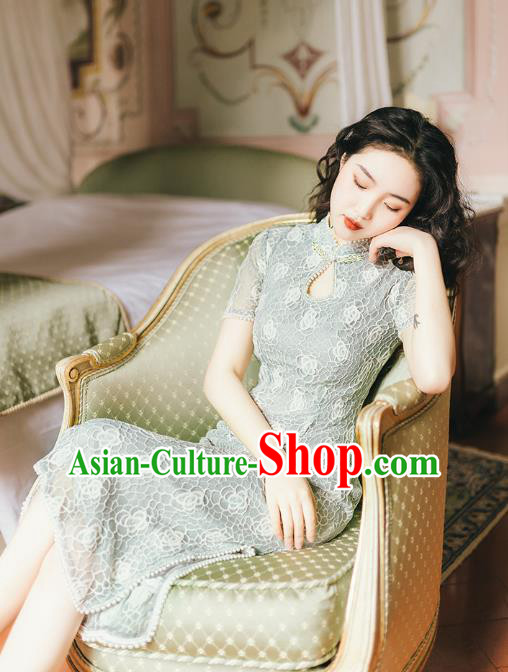 Chinese Traditional Retro Green Lace Qipao Dress National Tang Suit Cheongsam Costumes for Women