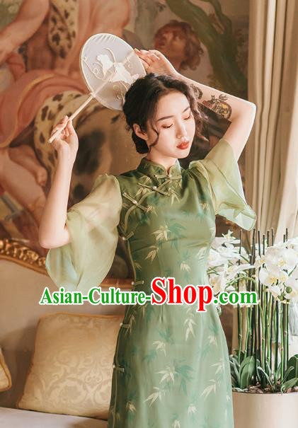 Chinese Traditional Bamboo Pattern Green Qipao Dress National Tang Suit Cheongsam Costumes for Women