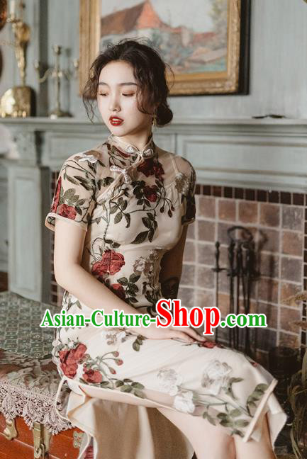 Chinese Traditional Roses Pattern Beige Qipao Dress National Tang Suit Cheongsam Costumes for Women