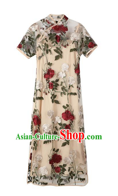 Chinese Traditional Roses Pattern Beige Qipao Dress National Tang Suit Cheongsam Costumes for Women
