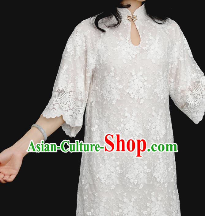 Republic of China Traditional White Lace Qipao Dress Chinese National Tang Suit Cheongsam Costumes for Women