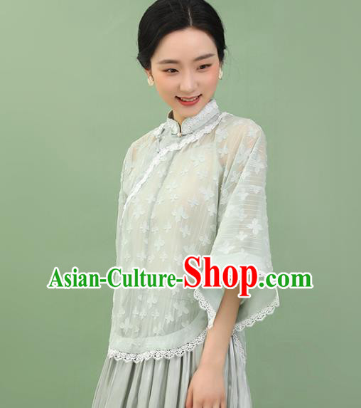Chinese Traditional Tang Suit Light Green Blouse National Shirt Upper Outer Garment Costumes for Women