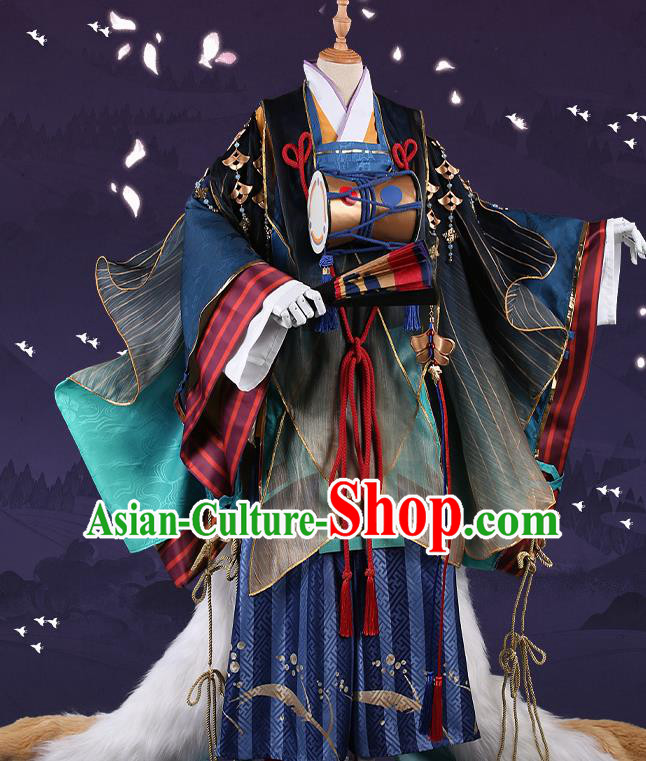 Japanese Traditional Cosplay Onmyoji Blue Clothing Ancient Knight Swordsman Costumes for Men