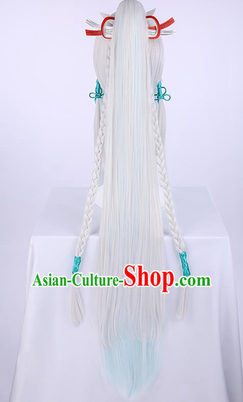 Chinese Traditional Han Dynasty Prince White Wigs Ancient Swordsman Wig Sheath for Men