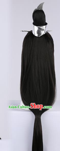 Chinese Traditional Han Dynasty Taoist Black Wigs Ancient Swordsman Wig Sheath for Men