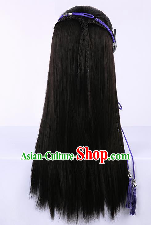Chinese Traditional Ming Dynasty Taoist Black Wigs Ancient Swordsman Wig Sheath for Men