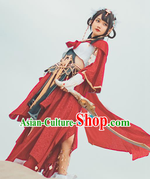Chinese Cosplay Fairy Red Hanfu Dress Traditional Ancient Female Swordsman Costumes for Women