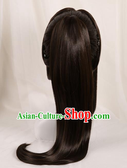 Chinese Traditional Cosplay Swordsman Black Wigs Ancient Knight Wig Sheath for Men
