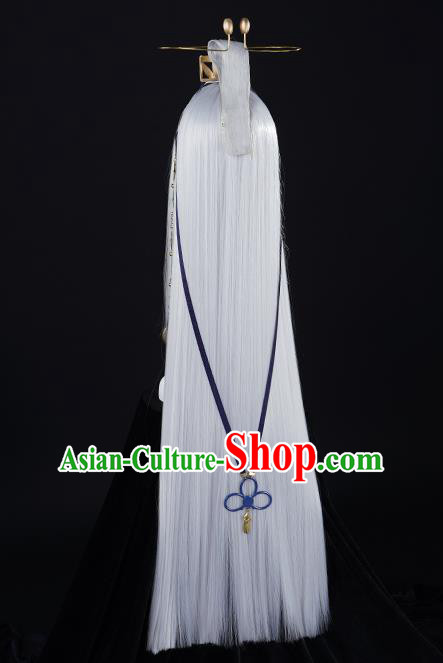 Chinese Traditional Cosplay Swordsman Prince Grey Wigs Ancient Knight Wig Sheath for Men