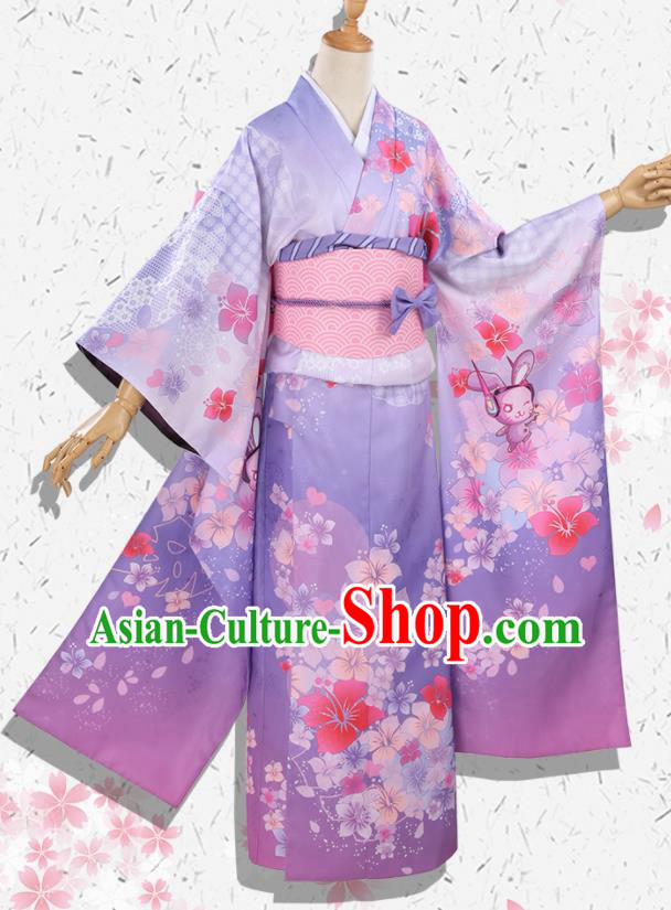 Japanese Traditional Cosplay Geisha Purple Kimono Dress Japan Onmyoji Yukata Costumes for Women