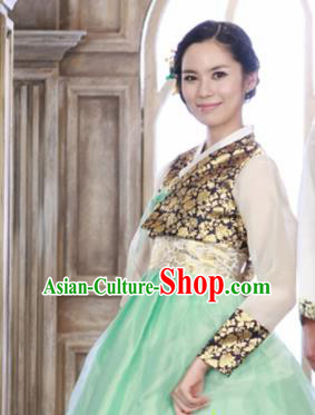 Korean Traditional Bride Hanbok Black Satin Blouse and Green Dress Garment Asian Korea Fashion Costume for Women