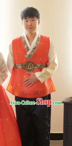 Korean Traditional Orange Vest and Black Pants Hanbok Asian Korea Bridegroom Fashion Costume for Men