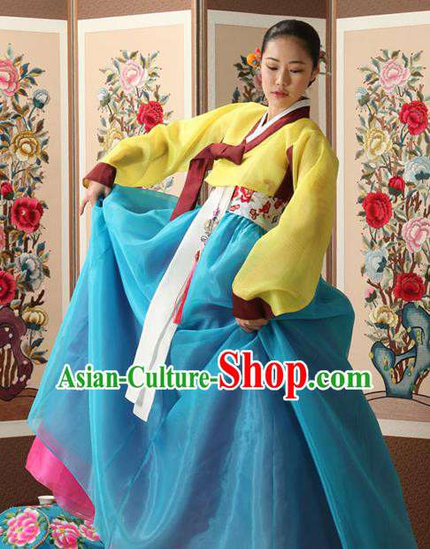 Korean Traditional Court Queen Hanbok Yellow Blouse and Blue Dress Garment Asian Korea Fashion Costume for Women