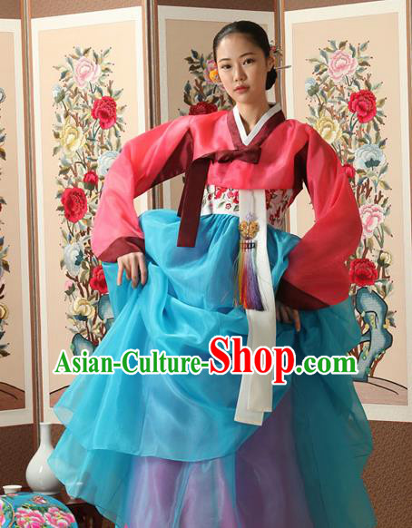 Korean Traditional Court Queen Hanbok Rosy Blouse and Blue Dress Garment Asian Korea Fashion Costume for Women