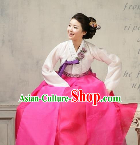 Korean Traditional Dance Hanbok White Blouse and Rosy Dress Garment Asian Korea Fashion Costume for Women