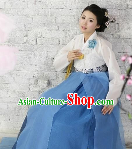 Korean Traditional Dance Hanbok White Blouse and Blue Dress Garment Asian Korea Fashion Costume for Women