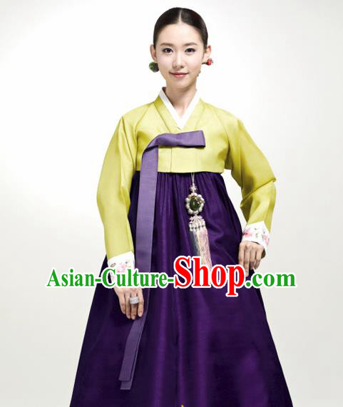 Korean Traditional Court Hanbok Green Satin Blouse and Purple Dress Garment Asian Korea Fashion Costume for Women