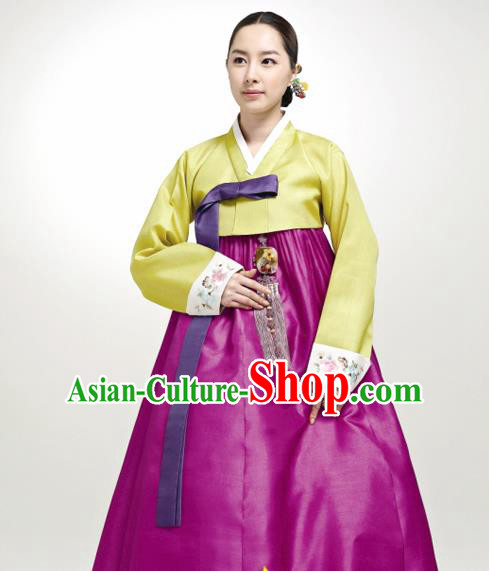 Korean Traditional Court Hanbok Yellow Satin Blouse and Purple Dress Garment Asian Korea Fashion Costume for Women