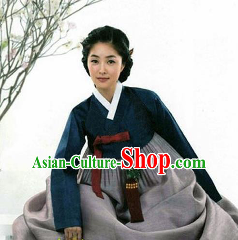 Korean Traditional Mother Hanbok Navy Blouse and Grey Dress Garment Asian Korea Fashion Costume for Women