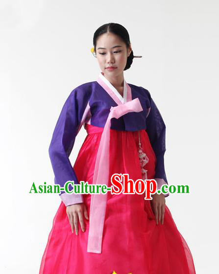 Korean Traditional Court Hanbok Purple Blouse and Rosy Dress Garment Asian Korea Fashion Costume for Women