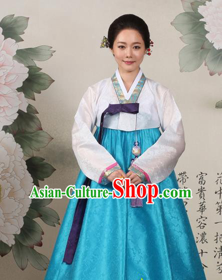 Korean Traditional Mother Hanbok White Blouse and Blue Dress Garment Asian Korea Fashion Costume for Women