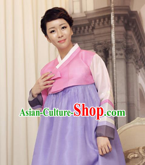 Korean Traditional Hanbok Light Pink Blouse and Lilac Dress Garment Asian Korea Fashion Costume for Women