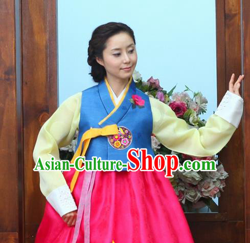 Korean Traditional Court Hanbok Blue Vest Blouse and Rosy Dress Garment Asian Korea Fashion Costume for Women
